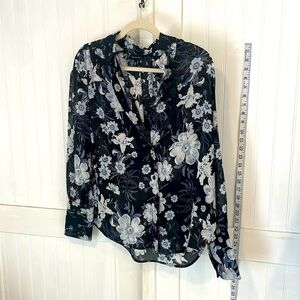 Who What Wear: black, floral, long sleeved semi sheer, button up blouse size XS
